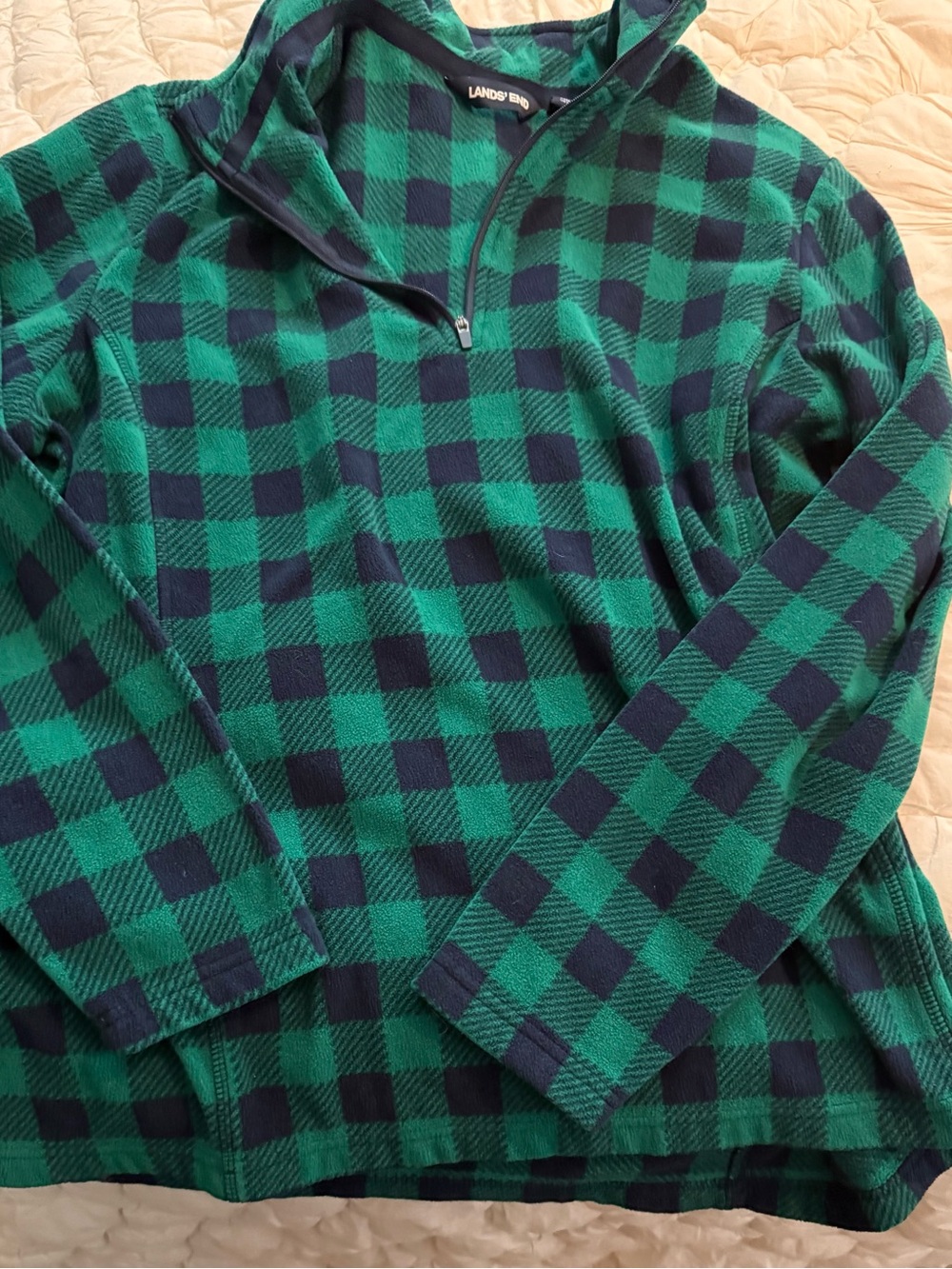 Lands' End Green and Navy Plaid Fleece Pullover
